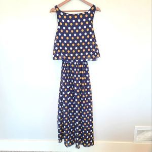 Robert Louis Long Off Shoulder Polkadot Dress Yellow Navy Size Medium